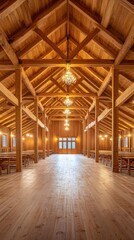 Grand Wooden Hall with Chandeliers and Tables Awaiting Guests in Warm Lighted Interior
