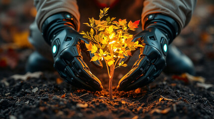 Robotic hands protecting glowing plant in environmental conservation effort