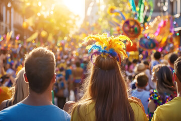 Fototapeta premium Vibrant festival crowd with adults enjoying colorful parade in sunlit atmosphere, Mardi Gras carnival