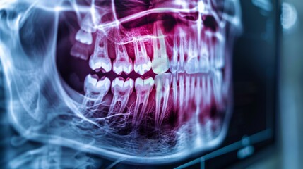 A detailed dental x ray reveals the arrangement of teeth along with any potential dental issues in a clinical environment, showcasing the importance of regular check ups.