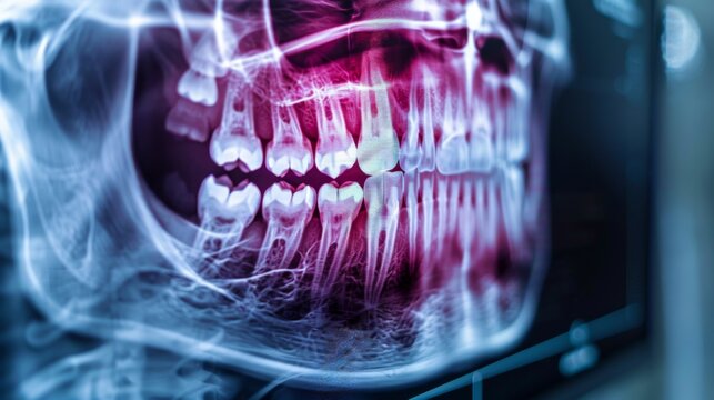 A detailed dental x ray reveals the arrangement of teeth along with any potential dental issues in a clinical environment, showcasing the importance of regular check ups.