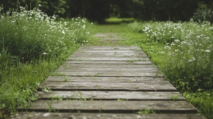 Obraz premium Wooden path through summer meadow