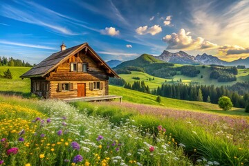 Fototapeta premium Panoramic View of Rustic Wooden House in Sunny Meadow