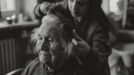A black and white photograph of caring for an elderly person, emphasising care and support, ideal for material on family values and elderly care.