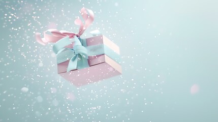 Fototapeta premium A minimalist open gift box in pastel colors, floating slightly above a white background with soft lighting and delicate sparkles