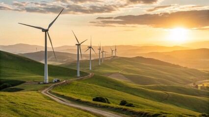 Obraz premium A row of majestic wind turbines standing tall over rolling green hills, their blades spinning gracefully as the sun sets, casting a golden glow over the renewable energy landscape
