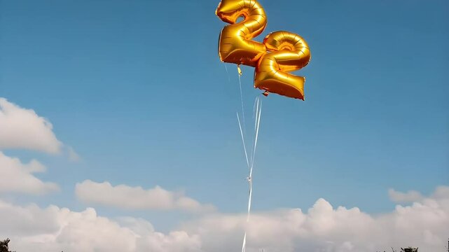 Golden helium balloons shaped as the number 22 floating against a bright blue sky with fluffy clouds creating a cheerful celebration atmosphere