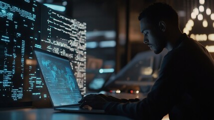 A programmer works in a dark office with digital displays showing lines of code on screens