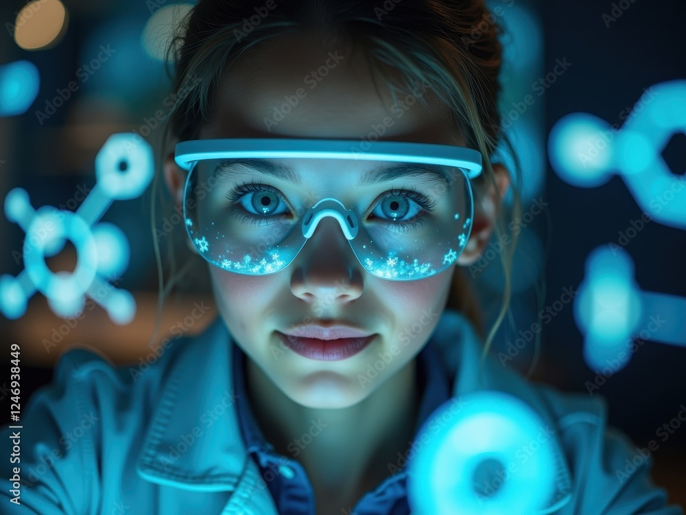 Poster young scientist working in a modern laboratory with glowing displays of molecular structures