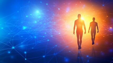 Two figures walking towards light and connection.