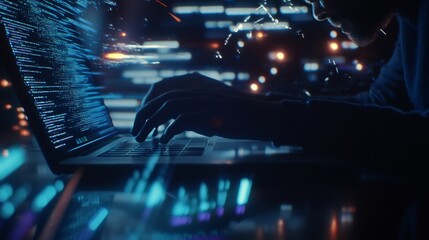 A digital workspace showing a programmer working on a laptop with visible code on the screen