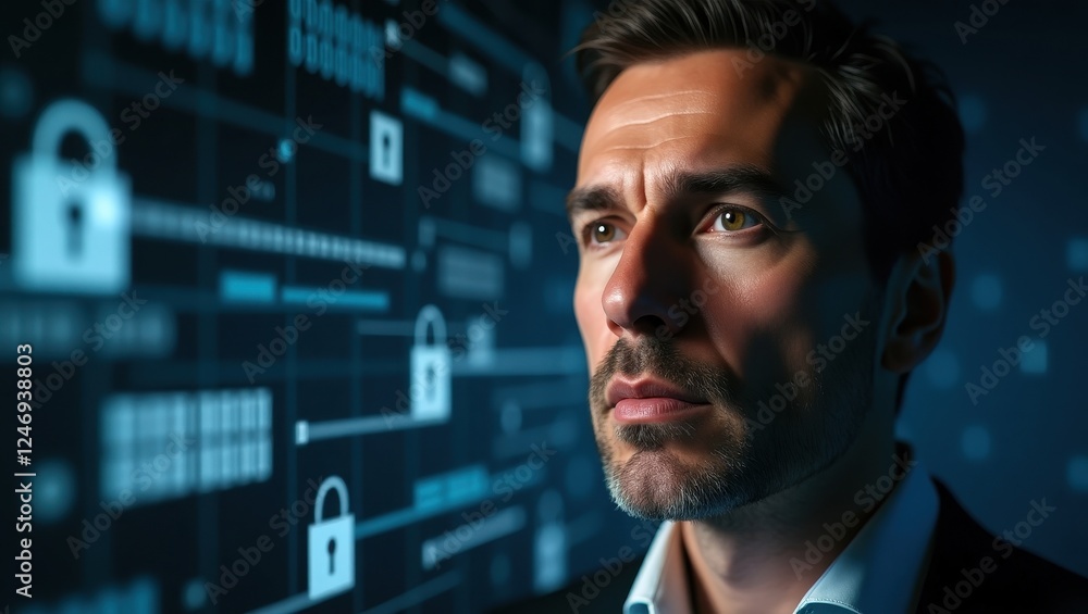 Poster man contemplating cybersecurity in a modern digital environment filled with lock graphics