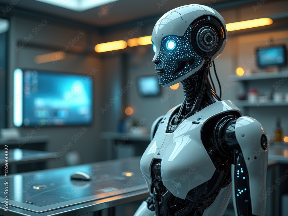 Poster advanced humanoid robot in a futuristic laboratory during daytime