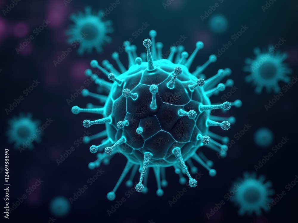 Poster virus structure visualized with intricate details and vibrant colors at close range