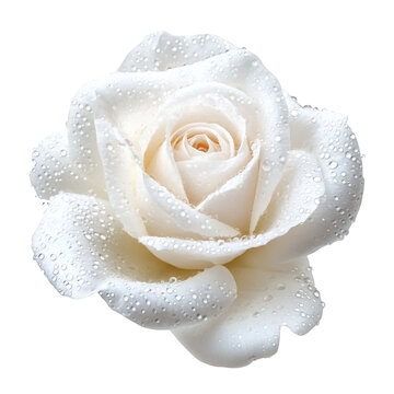A white rose with water droplets on transparent background