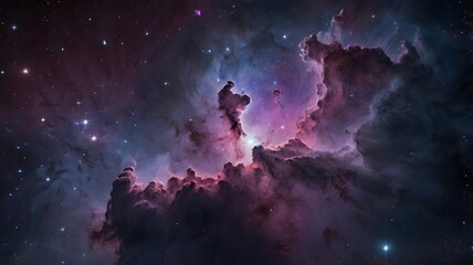 Fototapeta premium A vast, colorful nebula with swirling purple and pink cosmic clouds, glowing stars, and asteroids drifting in the deep void of space
