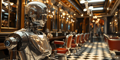 Obraz premium Robot barber working in vintage barber shop, Sci-fi robot assisting in retro-styled hair salon