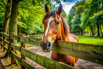 Fototapeta premium Panoramic Zoo Horse Peeking Through Fence - Wildlife Animal Photography