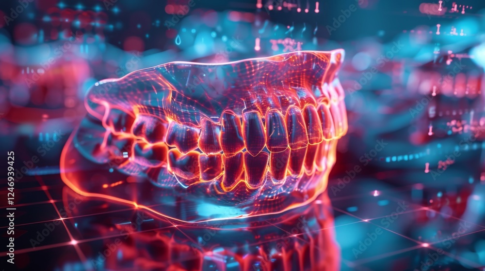 Fototapete A 3D jaw model illuminated with vivid colors showcases the intricate structure of teeth. The background features digital elements, enhancing the technological theme of dental practices.