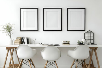 A minimalist workspace featuring a sleek desk, three empty frames, modern chairs, and decorative elements for a clean aesthetic.