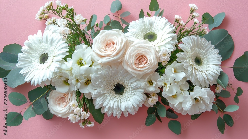 Aufkleber Delicate white flowers like roses and gerberas intertwine with lush greenery against a soft pink backdrop, creating a serene and refreshing display perfect for various occasions