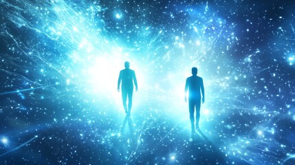 Obraz premium Two silhouettes explore cosmic wonders together.