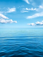 Obraz premium Tranquil Ocean Horizon Under Blue Skies with Fluffy Clouds Reflecting Serene Ambiance : Generative AI