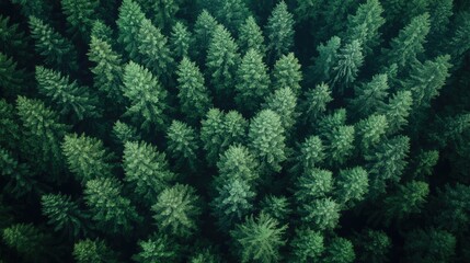 Lush green pine forest canopy from above in a serene natural setting