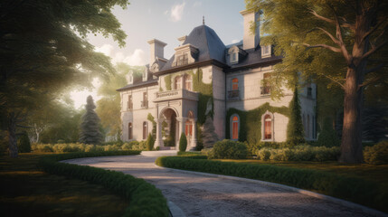 Fototapeta premium A classic European-style manor with white stone walls, arched windows