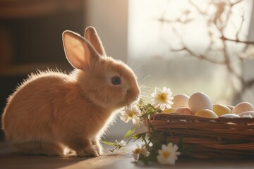 Adorable fluffy rabbit sitting beside a basket