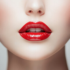 Fototapeta premium Close up of glossy red lips with precise makeup on a fair complexion