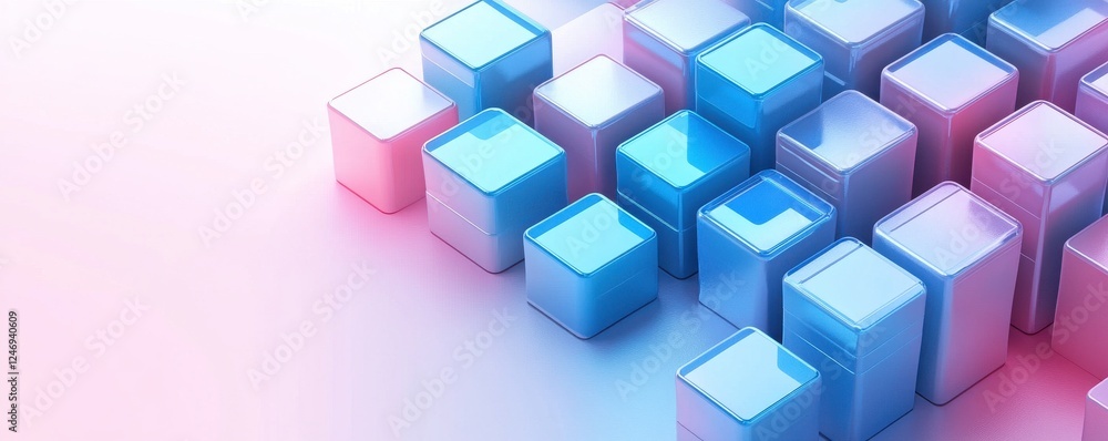 Poster a vibrant arrangement of transparent cubes in shades of blue and pink, set against a soft gradient b