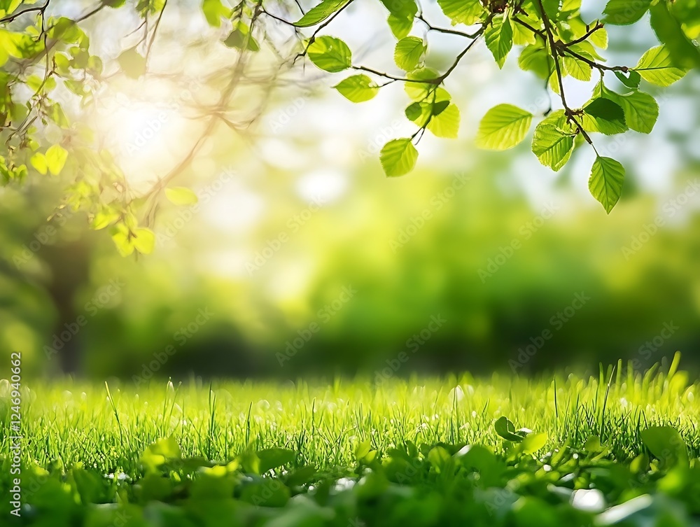 Poster sunlit green meadow with leaves and fresh grass illustrating springtime vibrancy and renewal : gener