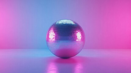 Reflective disco ball on a gradient background with vibrant pink and blue lighting