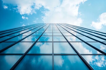 Modern Glass Skyscraper Reflecting Clouds and Sky in Urban City Center Architecture : Generative AI
