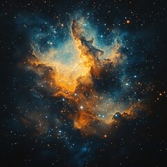 Fototapeta premium Cosmic Nebula With Golden Hues And Scattered Stars Against Dark Space Background