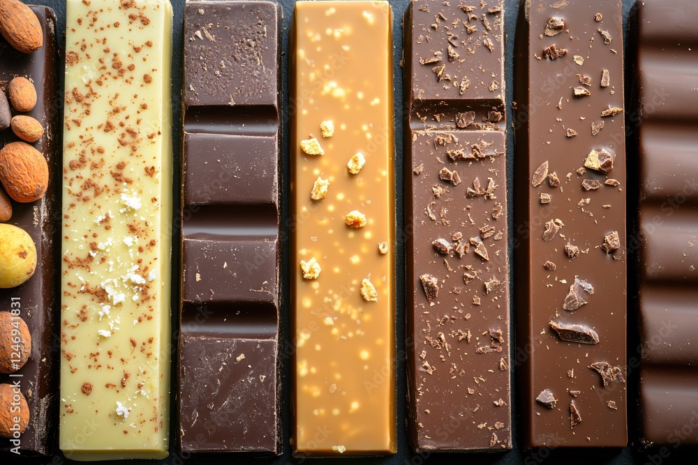 Poster assorted chocolate bars with different flavors and toppings arranged in a row on dark background