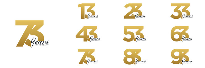 set anniversary 13 to 93 year logo designs. abstract number, icon, vector illustration