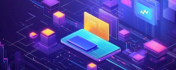 A futuristic laptop surrounded by vibrant digital elements, symbolizing technology, data, and innovation in a captivating virtual environment.