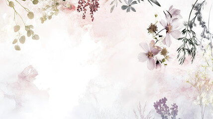 Minimalist Midsummer banner with a Nordic aesthetic. A delicate flower wreath elegantly placed above centered text. Soft pastel tones, subtle watercolor wildflowers, and a dreamy, airy composition.