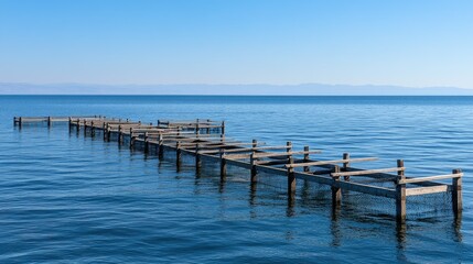 A solitary wooden pier stretches out gracefully into the tranquil blue waters, all beneath a pristine sky at a peaceful lakeside setting