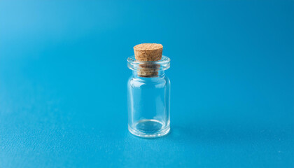 Clear small glass bottle with cork stopper. Isolated on blue backdrop.