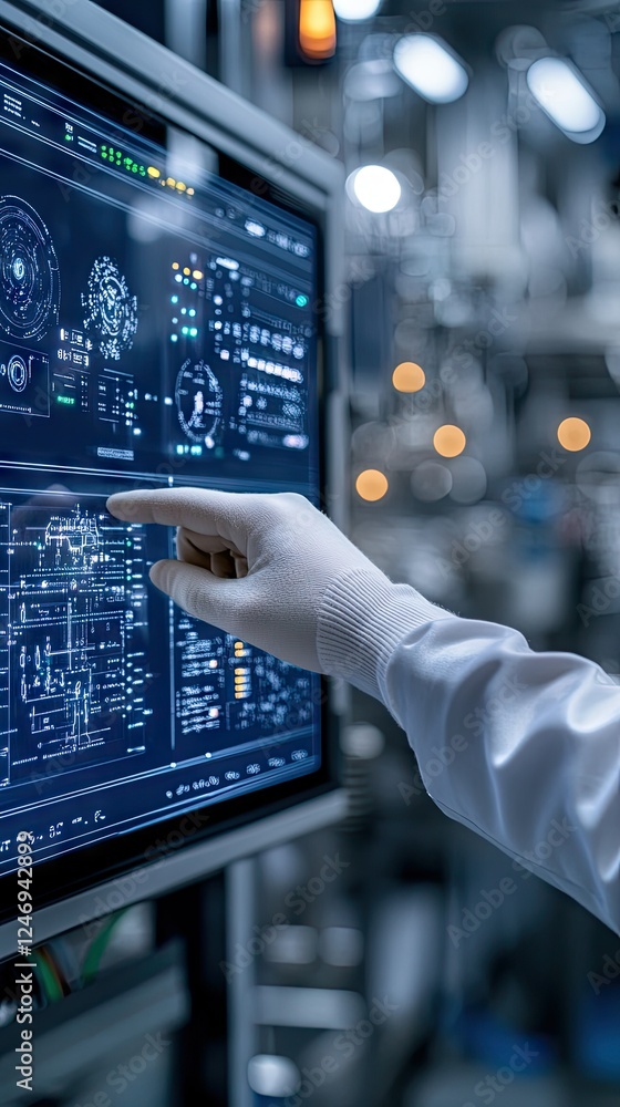Poster technician interacts with digital control panel in high-tech laboratory during complex data analysis
