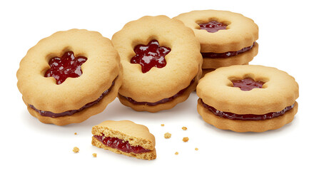 Traditional Christmas Linzer cookies filled with sweet jam, isolated on a white background.