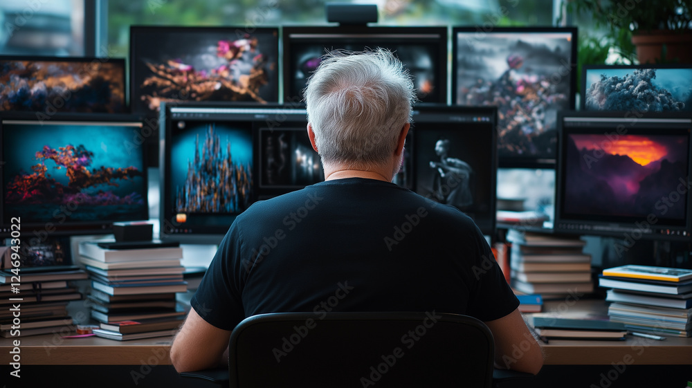 Poster man sits in front of multiple monitors displaying vibrant digital art, surrounded by stacks of books