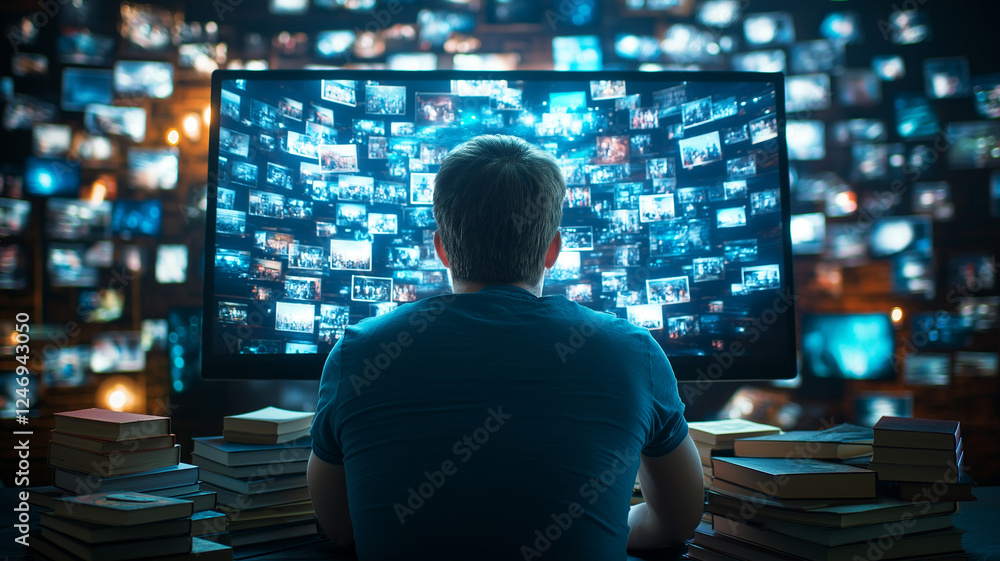 Poster man surrounded by books and screens, focused on large display filled with images. atmosphere is imme