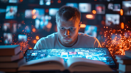 man focused on large screen surrounded by books, immersed in digital content. scene is illuminated with sparks, creating dynamic atmosphere of learning and technology