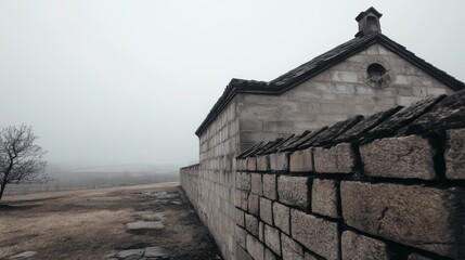 Fototapeta premium Foggy day, stone wall, rural building, misty landscape, travel photography