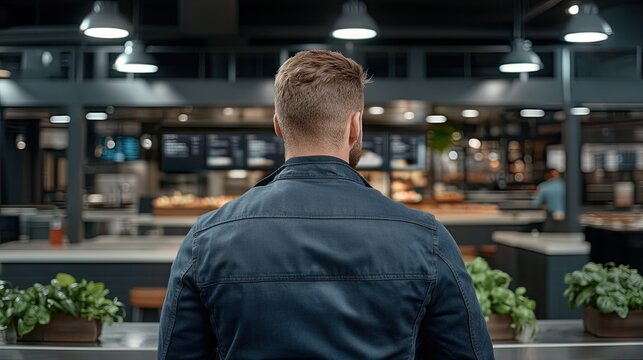 Man in casual jacket observes modern cafe interior with plants and menu boards during busy lunchtime in urban setting