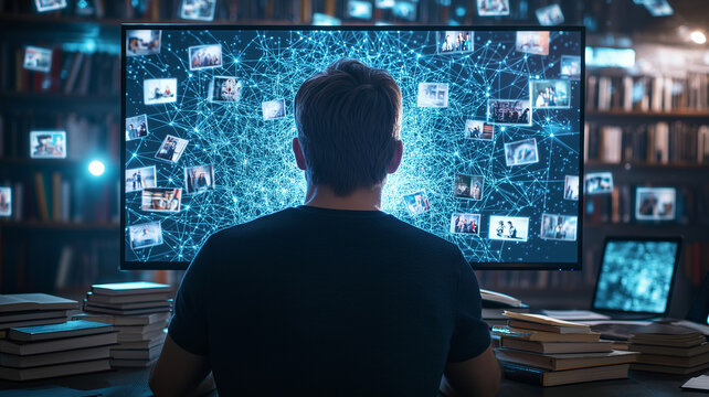 man surrounded by books and screens, focused on large display showing interconnected images and data. atmosphere is intellectual and immersive, highlighting blend of technology and knowledge